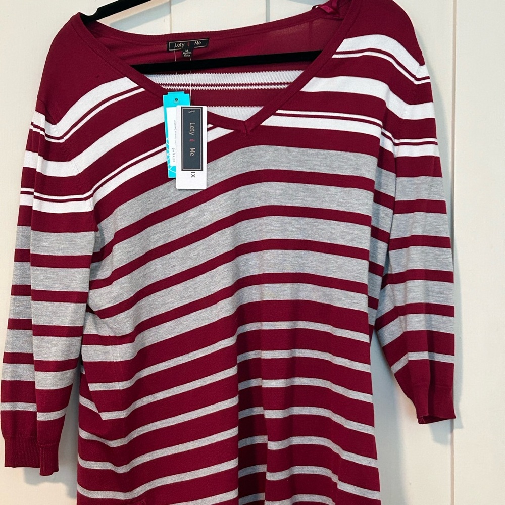 Lefty & Me Women's V-Neck Striped Sweater - Burgundy and Gray